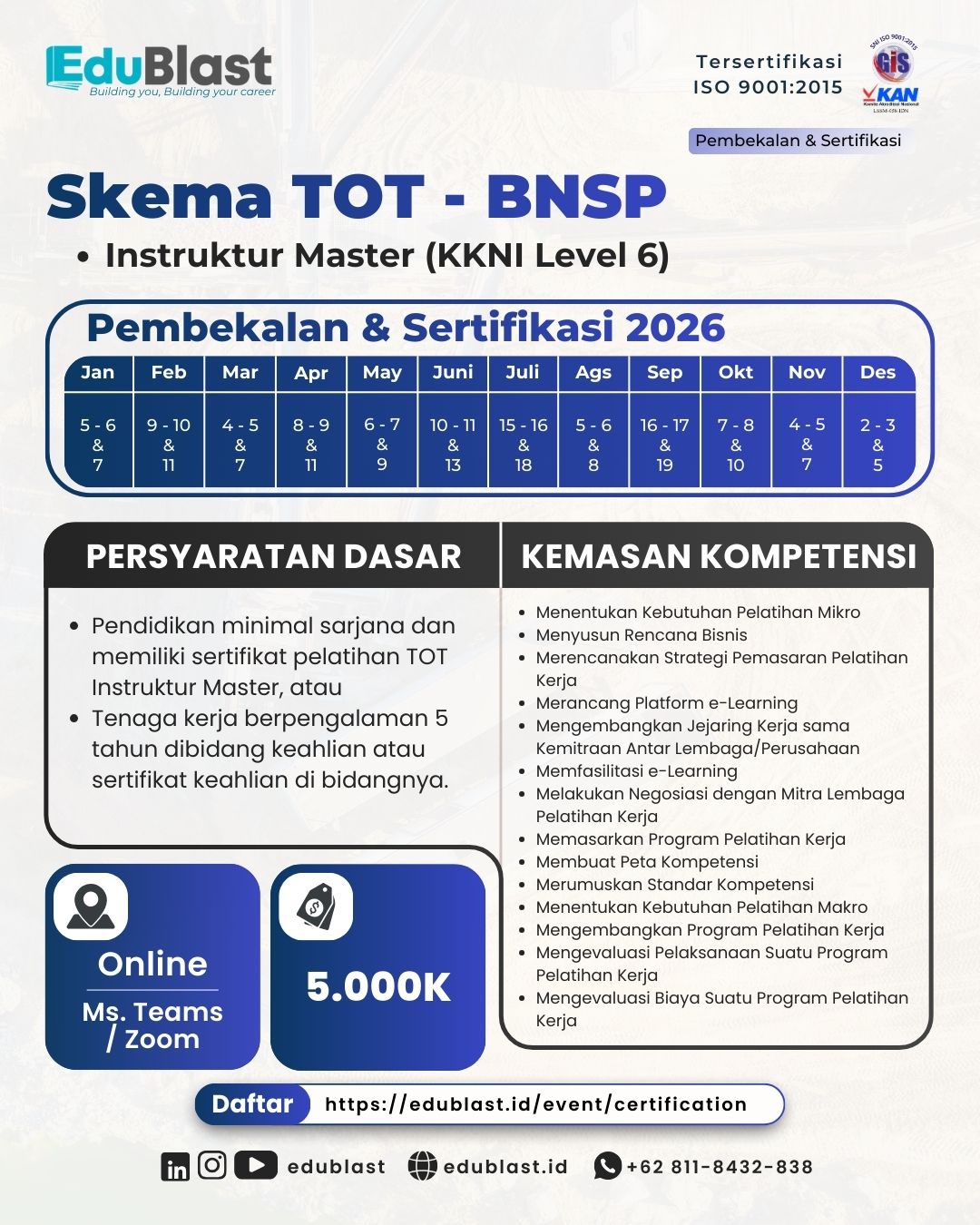 Pembekalan dan Sertifikasi Instruktur Master (KKNI Level 6)