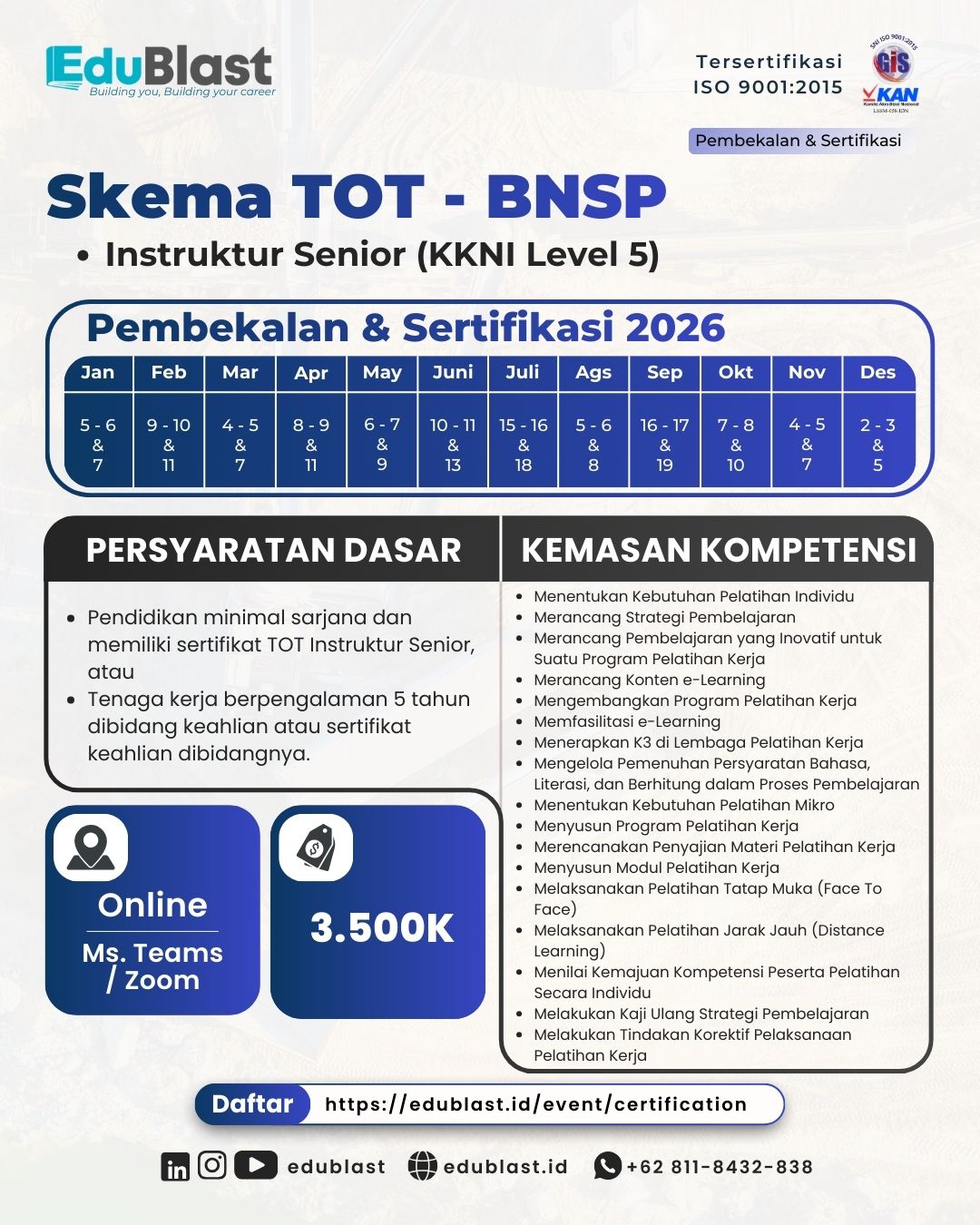 Pembekalan dan Sertifikasi Instruktur Senior (KKNI Level 5)